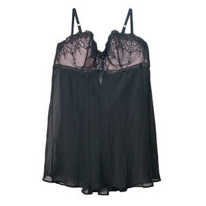 Cacique Black Mesh Embroidered Baby Doll Full Cup Nightie